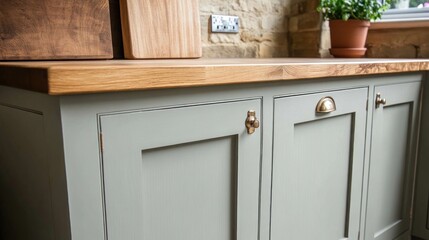 Close-up of a light gray kitchen cabinetry with a wooden countertop.