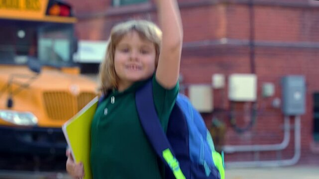 School kid waving hand near school bus. Child go to school bus. American education scene. School moment. USA childhood memory. Learning today. Child with sook and backpack ready to study.