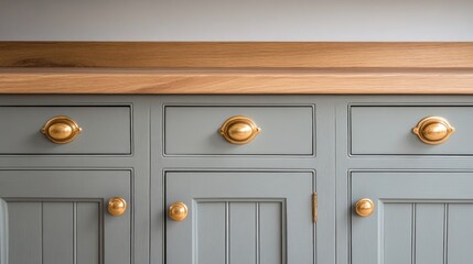 Close-up of light gray kitchen cabinets with gold knobs.