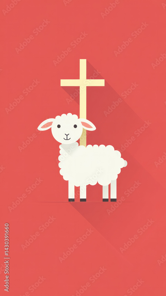Poster a cartoon sheep is standing in front of a cross. the sheep is smiling and he is happy. the red backg