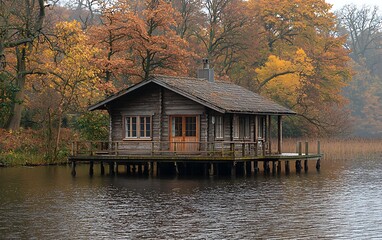 Obraz premium Rustic cabin on a serene lake, autumnal colours