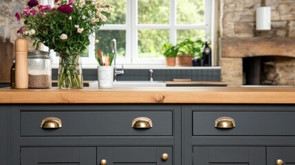 Rustic farmhouse kitchen cabinetry with wooden countertop.