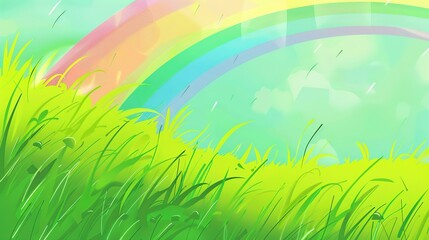 Obraz premium Step into a Magical Realm with Our Enchanting Rainbow Green Grassland Backgrounds! These captivating visuals blend the lush vibrancy of green grasslands with the mesmerizing colors of a rainbow, creat