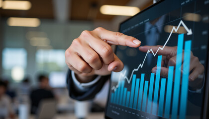 Person pointing at a business chart on a screen in an office, used for financial analysis, with copy space