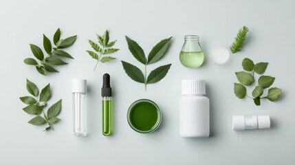 Flat lay of natural skincare products and green leaves on a light surface.