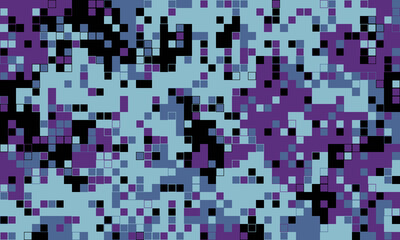Abstract pixel art background.  A vibrant, textured mosaic of purple, blue, and black squares creates a digital camouflage effect, perfect for tech, gaming, or modern design projects.