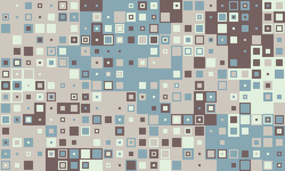Abstract geometric pattern featuring a multitude of muted squares in various sizes and shades of blue, brown, and beige.  Ideal for backgrounds, textiles, or modern design projects.