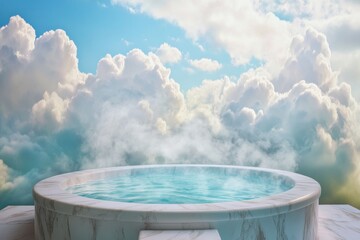 Fototapeta premium Relaxation spot overlooking serene clouds with a calming pool at sunset