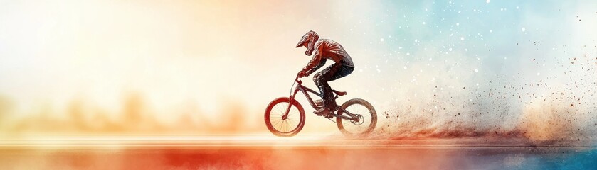 Naklejka premium A dynamic cyclist rides through a colorful, dusty landscape, capturing the thrill of biking in an energetic and vibrant scene.