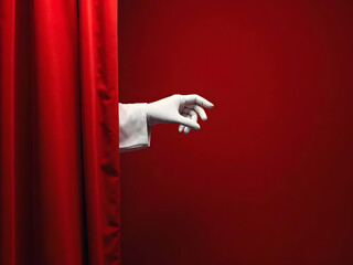 A beautiful woman in a suit holds a red theater curtain with her hand