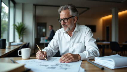 Fototapeta premium Concentrated architect at work in a modern, well-lit office space