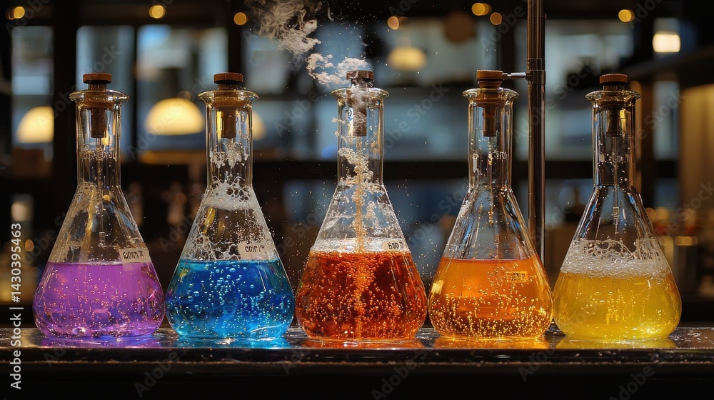 Poster colorful flasks with bubbling liquids create a vibrant laboratory atmosphere.