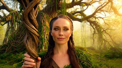 Druidess stands beside twisting vine trunk in sun-dappled grove; druidess greets golden mist filtering through ancient branches, druidess embodies living harmony with earth. Concept for nature magic - Powered by Adobe