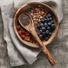 Aerial View of Acai Superfood Bowl with Blueberries, Chia, and Granola &ndash; Wooden Spoon and Pastel Napkin, Clean Wellness Blog Style Photography