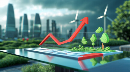 A red stock market chart illustrates financial growth with an upward trending arrow in a 3D business diagram