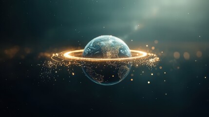 Obraz premium A glowing representation of Earth surrounded by a luminous ring, set against a dark, atmospheric background filled with shimmering particles.