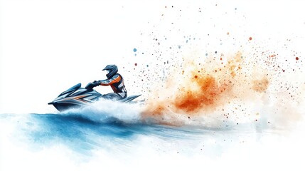 A dynamic illustration of a person riding a jet ski, creating splashes of water and colorful sprays, capturing the thrill of water sports.