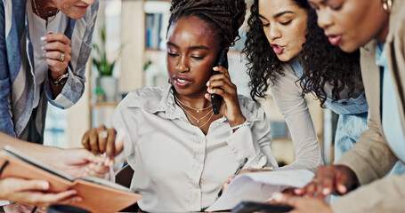 Juggling, management and phone call with business people in office for approval or communication. Documents, multitask and stress with employee team in workplace for administration or signature