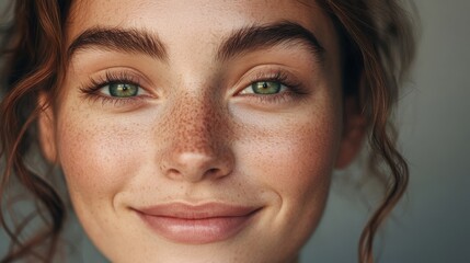 Fototapeta premium A beautiful European woman, either young or middle-aged, poses confidently for a portrait highlighting her aesthetic appeal, with a happy and attractive smile on her face as she looks directly at the