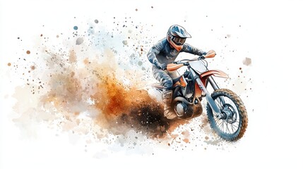 A dynamic watercolor illustration of a motocross rider speeding through dirt, creating a cloud of dust.
