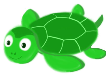 A green crayon drawing of a baby turtle with a soft green shell, small flippers, and a cute, friendly expression, ideal for children's coloring books.

