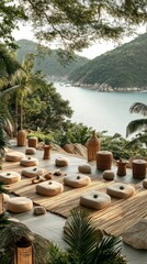 Fototapeta premium A serene digital wellness retreat offers a peaceful escape, focusing on mindfulness and digital detox in a natural setting