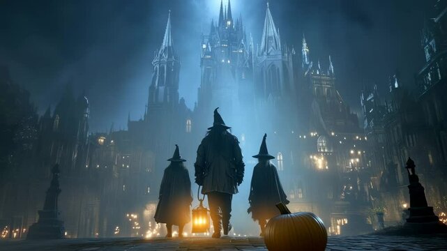 Three cloaked witches walking to spooky old gothic castle with mist in the dark. Mysterious figures walking to grand gothic entrance.