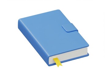 Close up of a blue book with a yellow bookmark isolated on white background