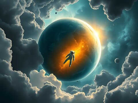 an astronaut floating in front of enormous planet, golden reflecting the cosmic light and nebula cloud