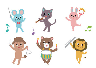 楽器を演奏しているかわいい動物たちのイラストセット