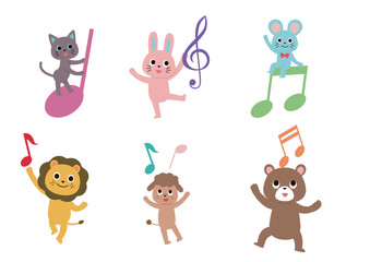 音符と遊ぶかわいい動物たちのイラストセット
