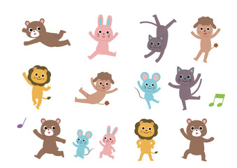 いろんなポーズをしている可愛い動物のイラストセット