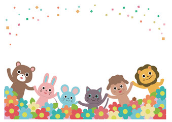 手をつないだ動物とお花のフレーム　横