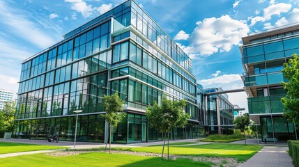 Fototapeta premium A modern glass office building with green lawn and blue sky with clouds on a sunny day in the city