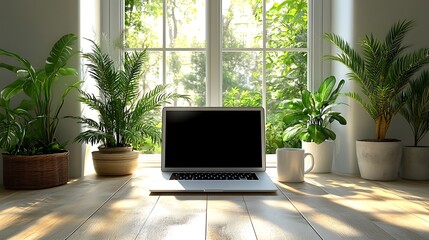 Fototapeta premium Modern workspace with greenery and natural light.
