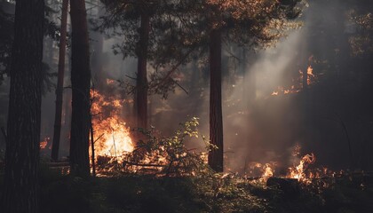 A forest ablaze with flames and smoke, showcasing the impact of wildfires in nature.