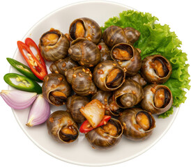 Fototapeta premium Spicy Sauteed Snails with Aromatic Vegetables on a Plate