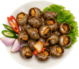 Spicy Sauteed Snails with Aromatic Vegetables on a Plate