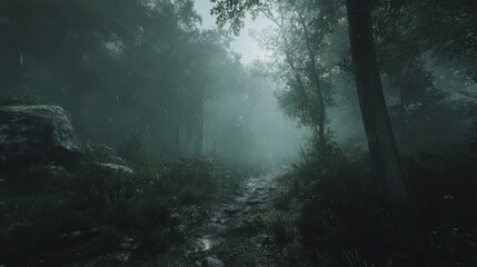 Obraz premium Dark Forest Path In Foggy Rain