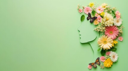 Obraz premium A vertical banner featuring a cardboard human head silhouette adorned with flowers and a butterfly, set against a mint background, symbolizing World Mental Health Day with copy space available