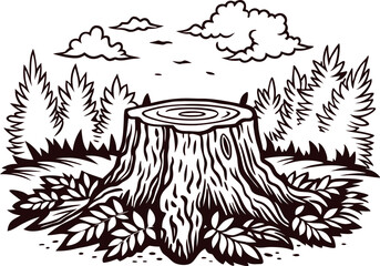 Fototapeta premium Nature scene with tree stump and forest landscape in black and white.