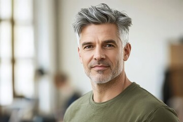 Obraz premium A 50-year-old professional businessman with a happy demeanor, who is also a smiling older executive manager and a mature bearded entrepreneur, stands in his office at work, looking directly at the