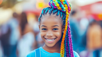 Fototapeta premium Vibrant Braids: A colorful portrait of a smiling girl with braided hair.
