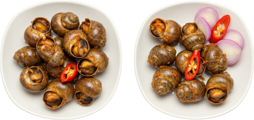 Fototapeta premium Spicy Sauteed Snails with Chili and Onion Garnish