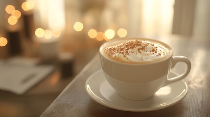 Obraz premium Warm cappuccino coffee drink in white cup cozy winter morning hot mug foam cafe food blur cream spice