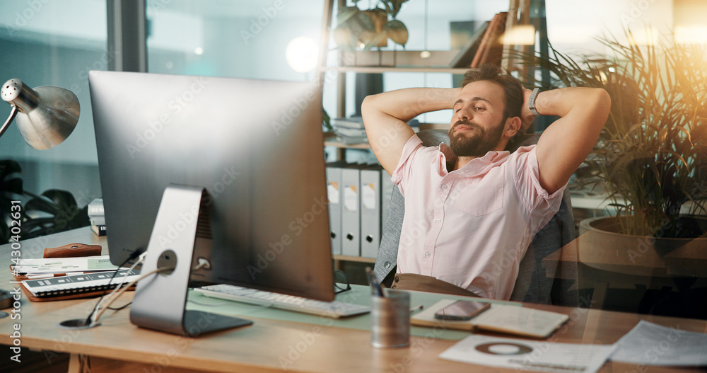 Aufkleber Businessman, relax or computer with rest for done, finished tasks or job completion at office desk. Man, employee or break with technology for productive day, performance or free time at workplace