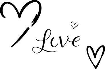 A stylized Love and three heart shapes