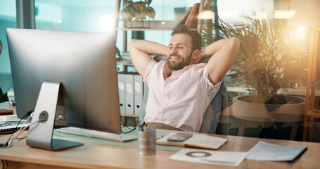 Happy man, relax or computer with rest for done, finished tasks or job completion at office desk. Businessman, employee or break on technology for productivity, performance or free time at workplace