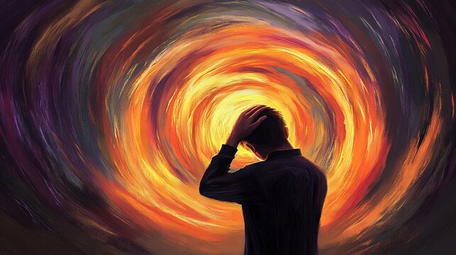 Dramatic abstract artwork featuring a person overwhelmed with emotion, set in a landscape orientation with room for additional text or elements