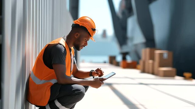 A worker confirming delivery with digital checkmark at sunny dock